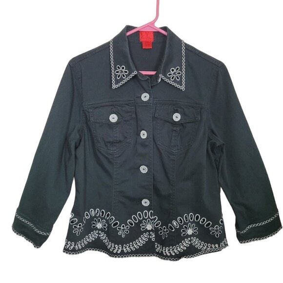 Very Vera Sz Large Shacket Short Black Embroidered Eyelet 3/4 Sleeve Mature EUC - Picture 1 of 11